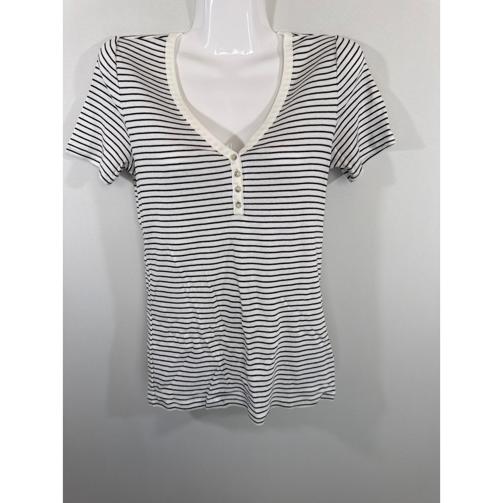 Gap Favorite T Henley White Black Striped Top‎ Women's Small Coastal Nautical
